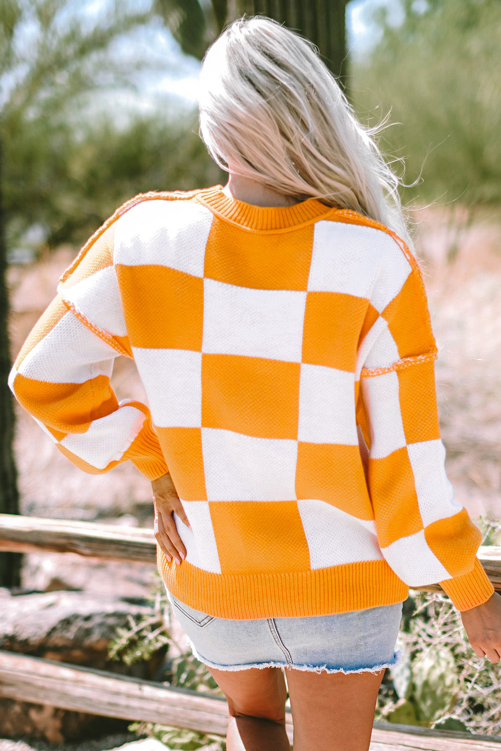 Orange Checkered Bishop Sleeve Sweater - Celeste  Sweaters & Cardigans/Sweaters  