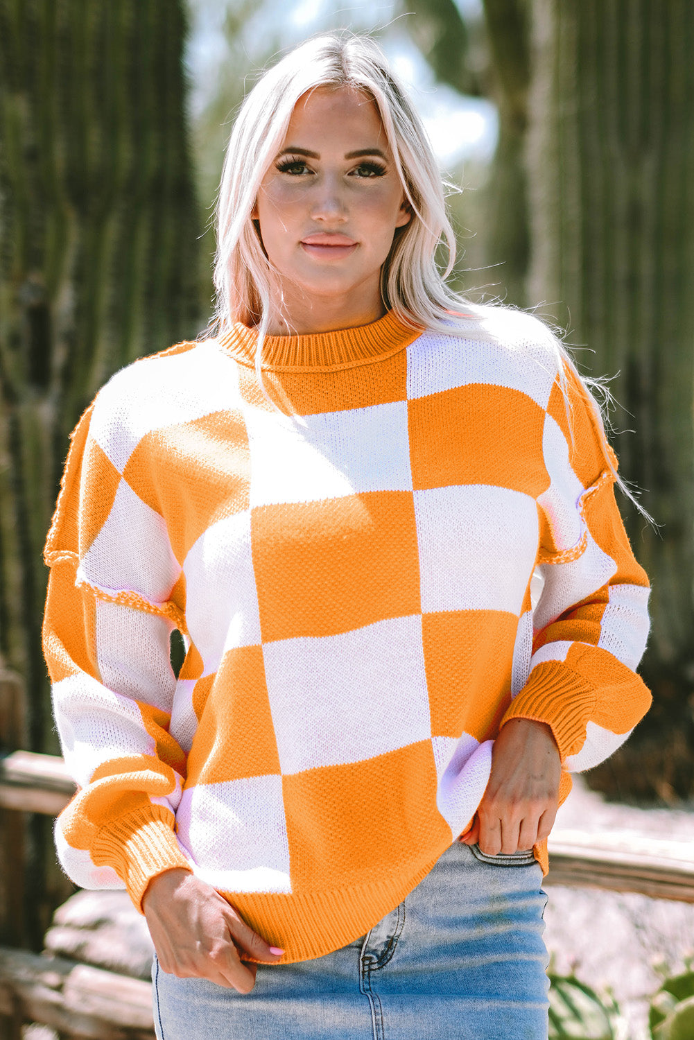 Orange Checkered Bishop Sleeve Sweater - Celeste  Sweaters & Cardigans/Sweaters  