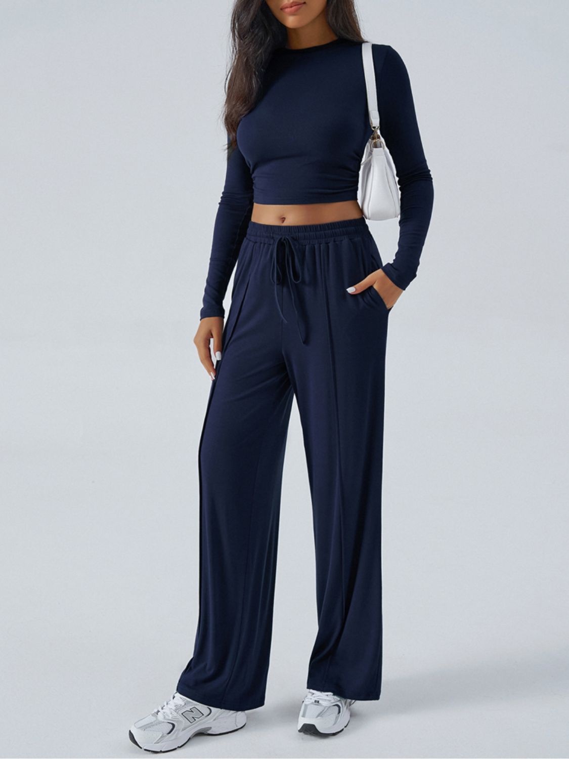 Devine Round Neck Long Sleeve Top and Pants Set - Celeste    