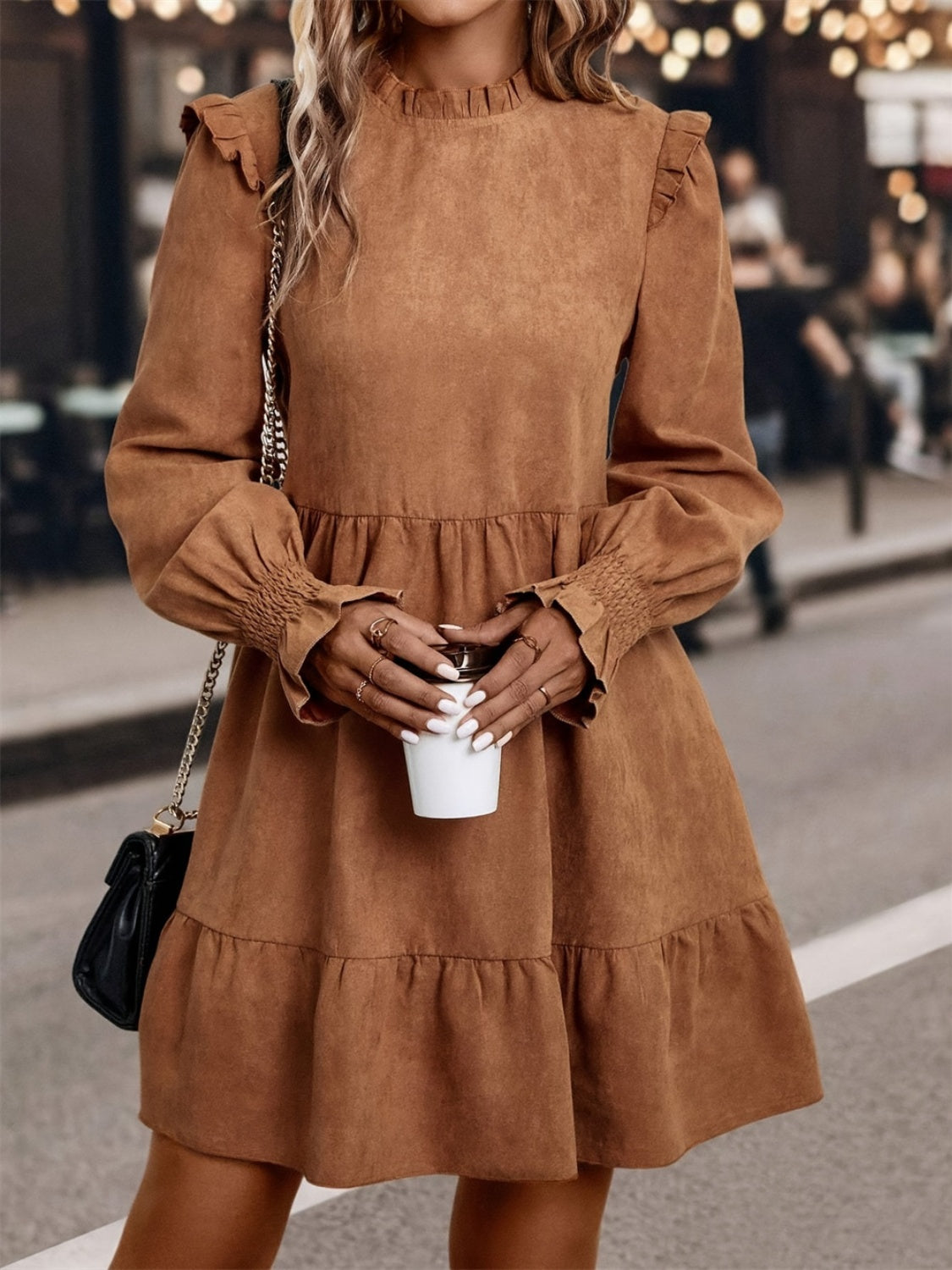 Frill Round Neck Long Sleeve Mini Dress - Celeste    