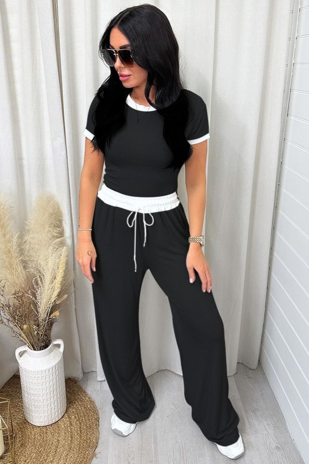 Contrast Trim Round Neck Top and Pants Set