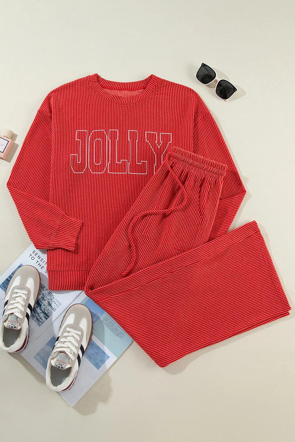 JOLLY Round Neck Long Sleeve Top and Pants Lounge Set - Celeste    