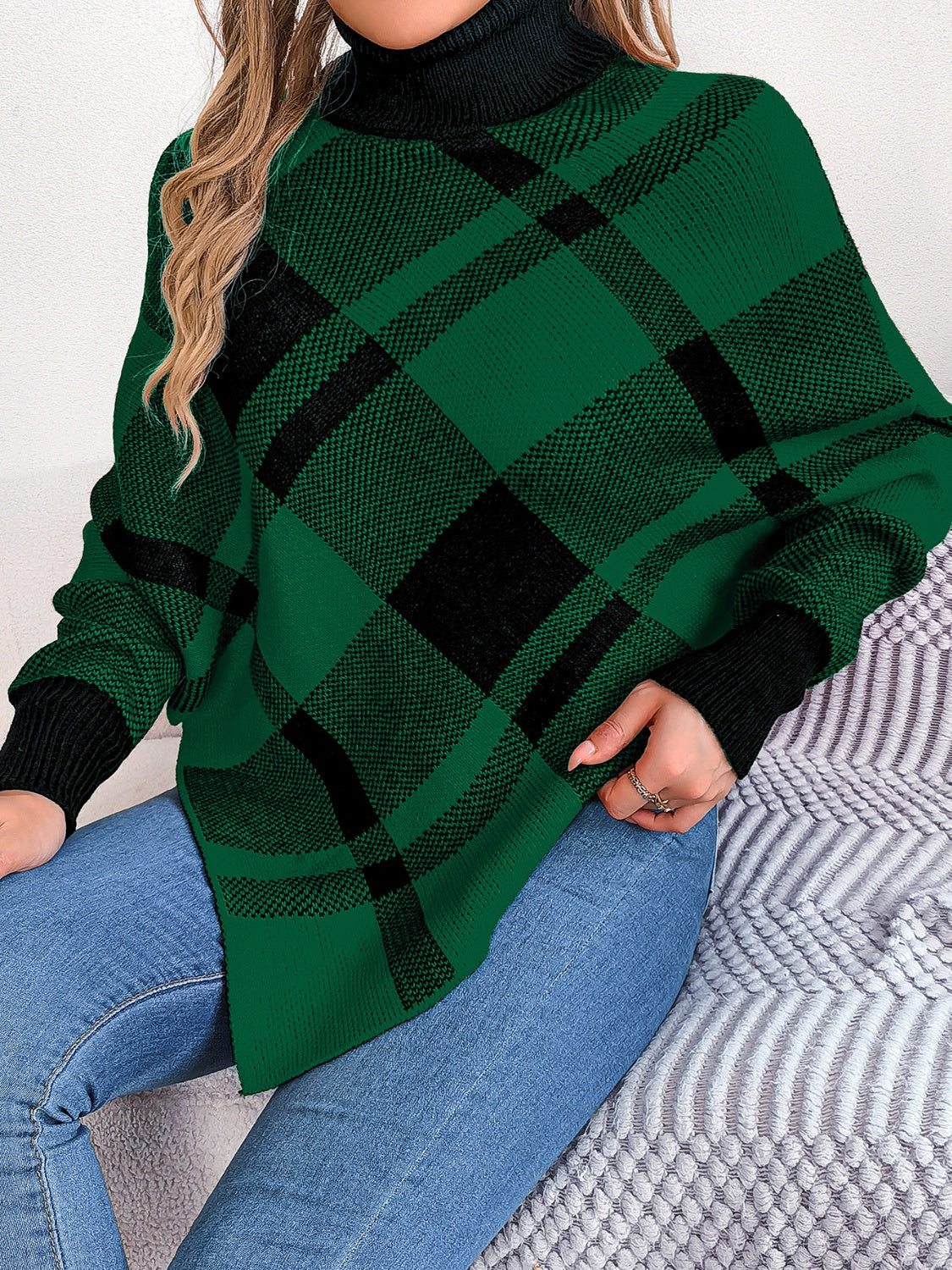 Plaid Turtleneck Batwing Sleeve Sweater - Celeste    