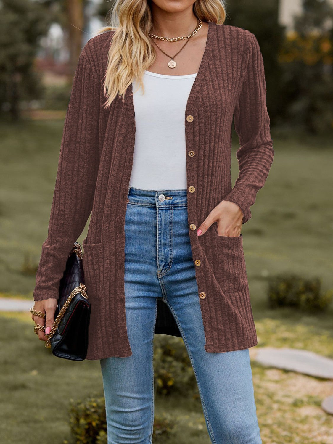 Ribbed Button Up Long Sleeve Cardigan - Celeste    