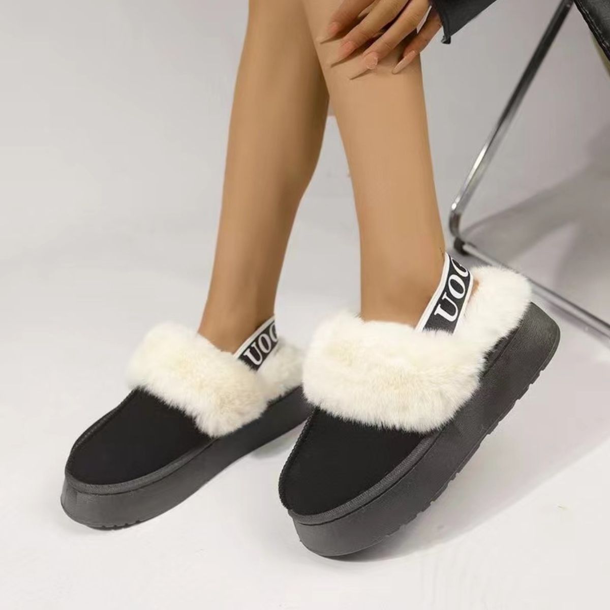 Plush Platform Slippers with Letter Strap - Celeste    