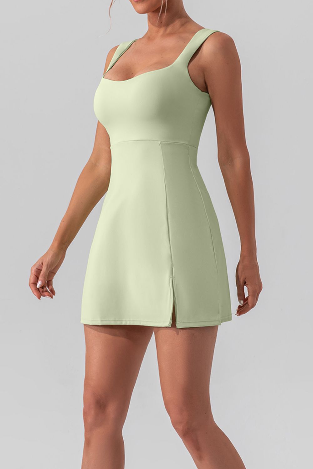 Square Neck Sleeveless Slit Mini Active Dress - Celeste    