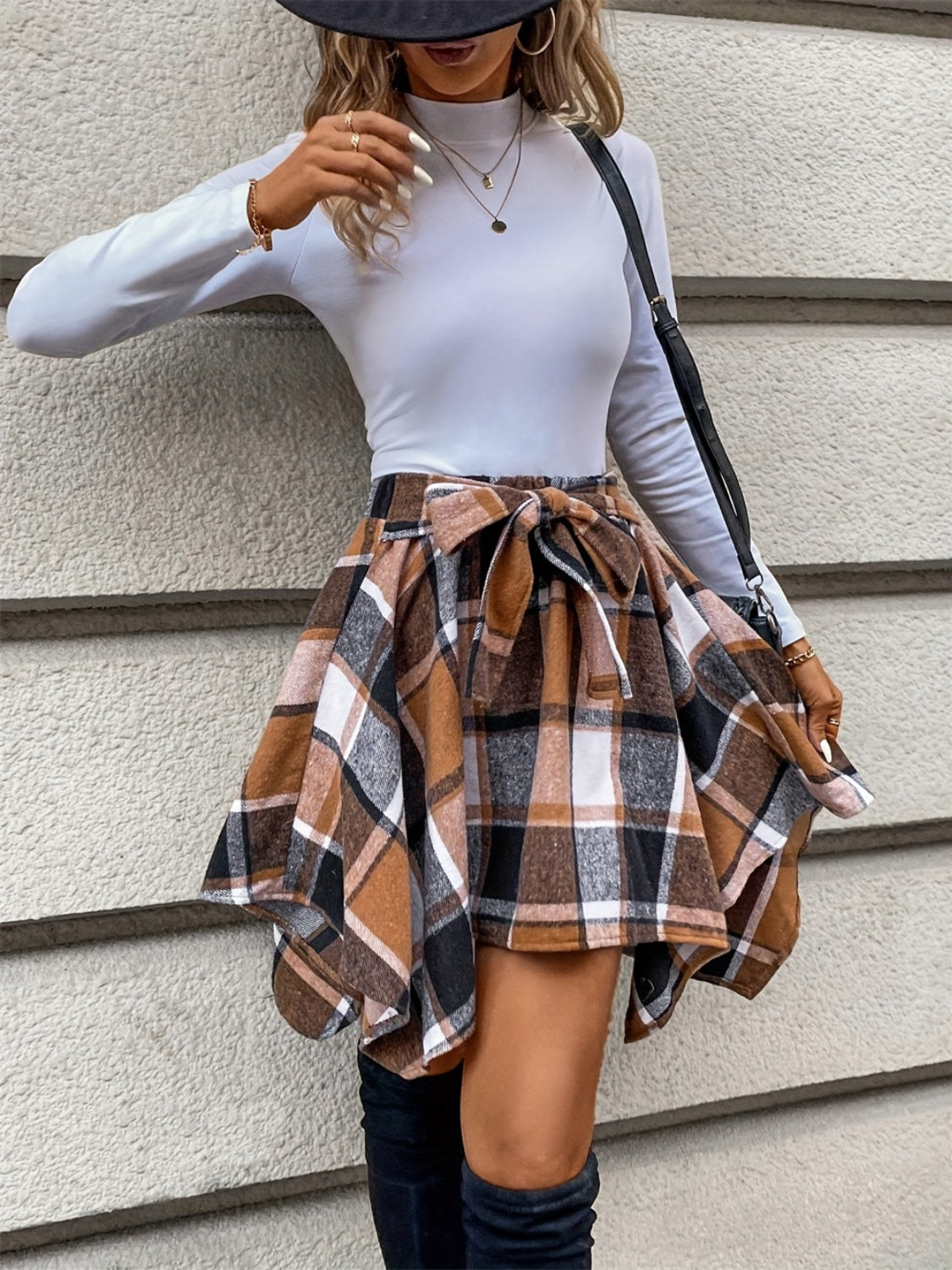 Tied Plaid Asymmetrical Hem Skirt - Celeste    