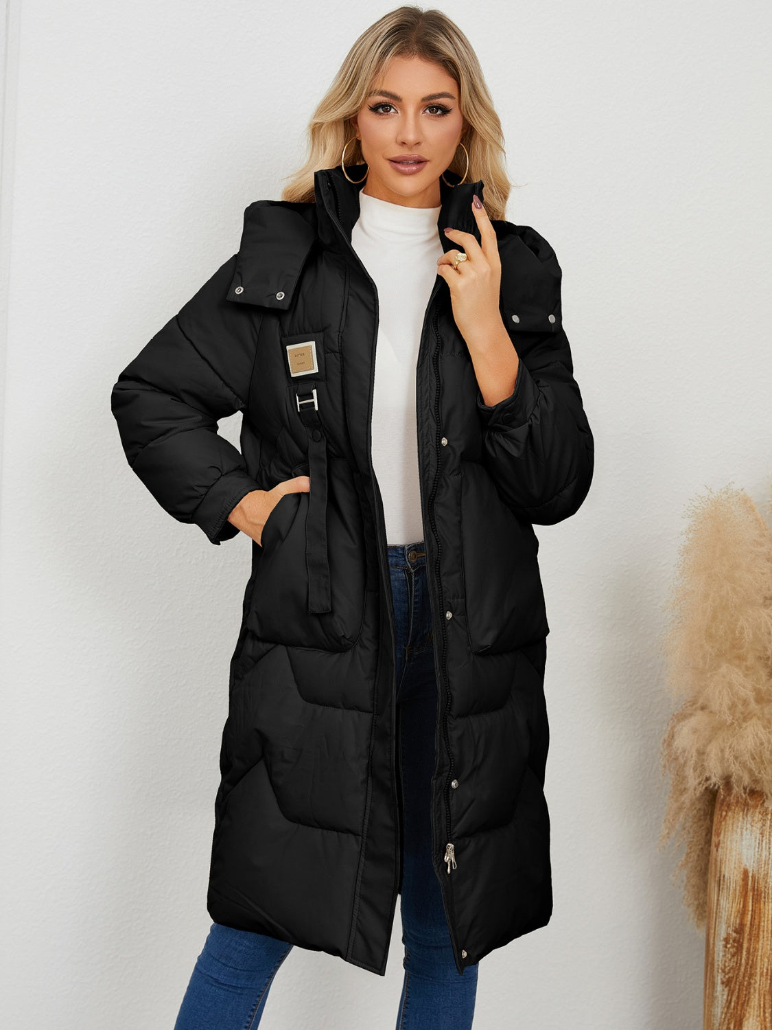 Long Sleeve Longline Hooded Winter Coat - Celeste    