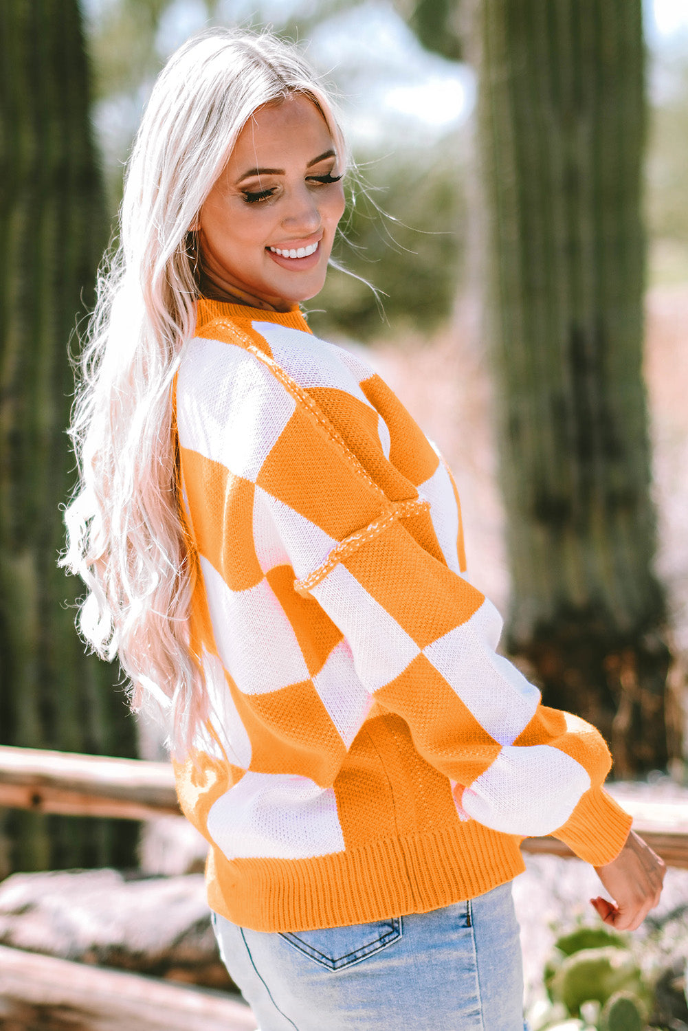 Orange Checkered Bishop Sleeve Sweater - Celeste  Sweaters & Cardigans/Sweaters  