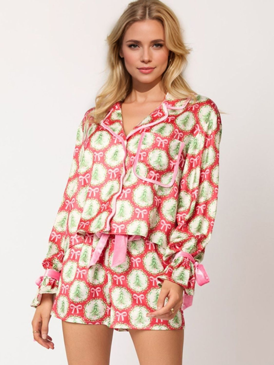 Tied Printed Collared Neck Long Sleeve Top and Shorts Set - Celeste    