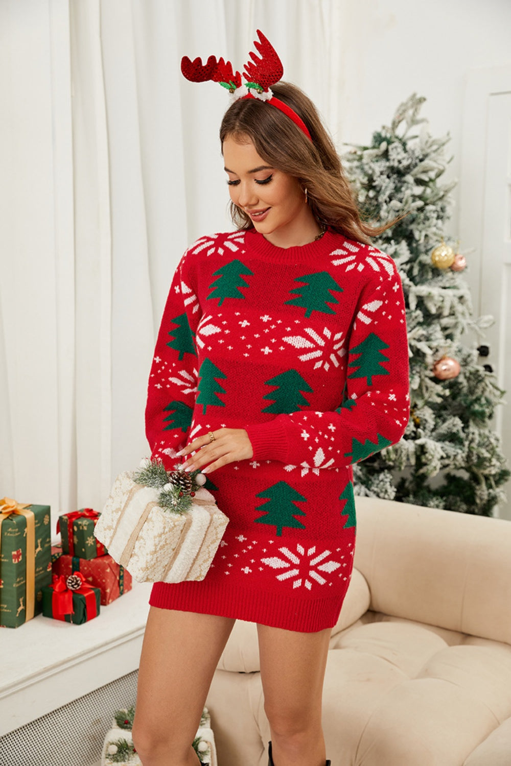 Christmas Tree Round Neck Sweater Dress - Celeste    