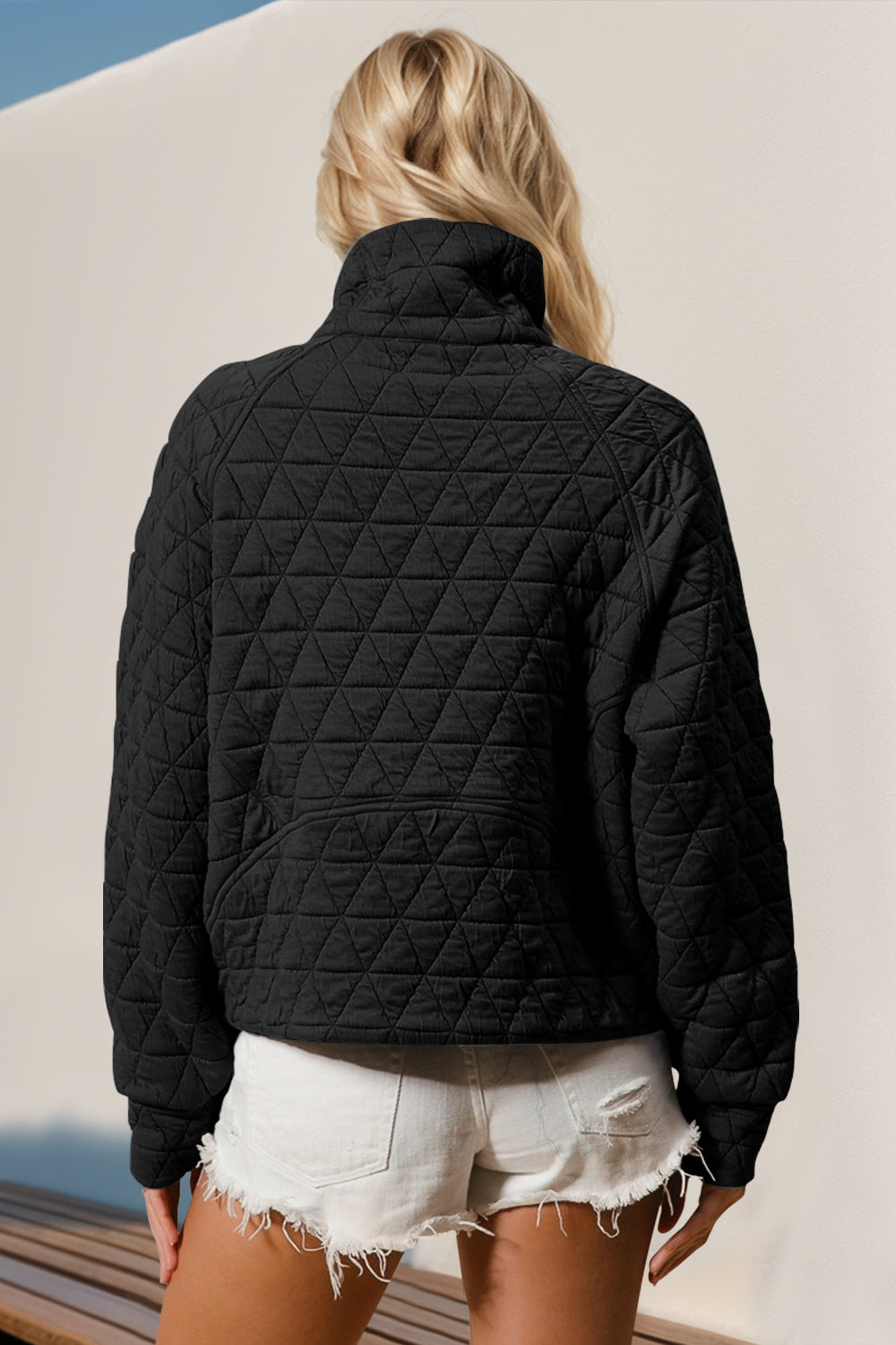 Double Take Half Zip Long Sleeve Quilted Sweatshirt with Pocket - Celeste    