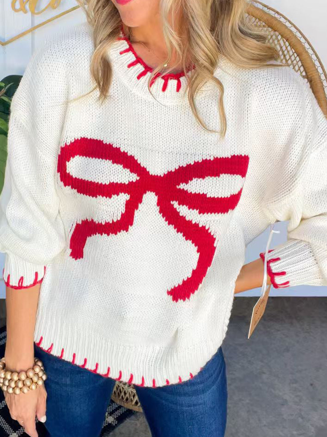 Bow Round Neck Long Sleeve Sweater - Celeste    