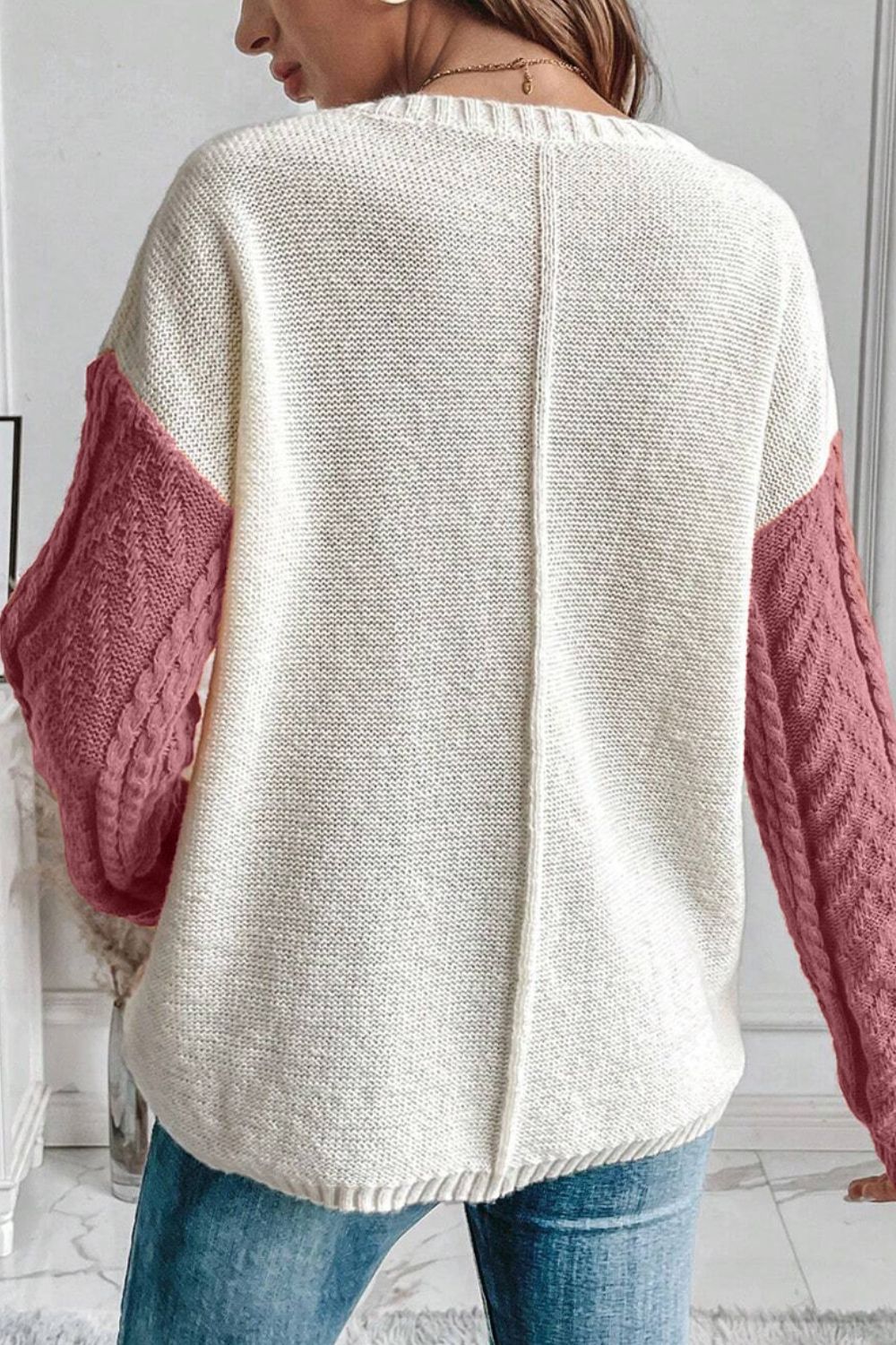 Color Block Round Neck Long Sleeve Sweater - Celeste    