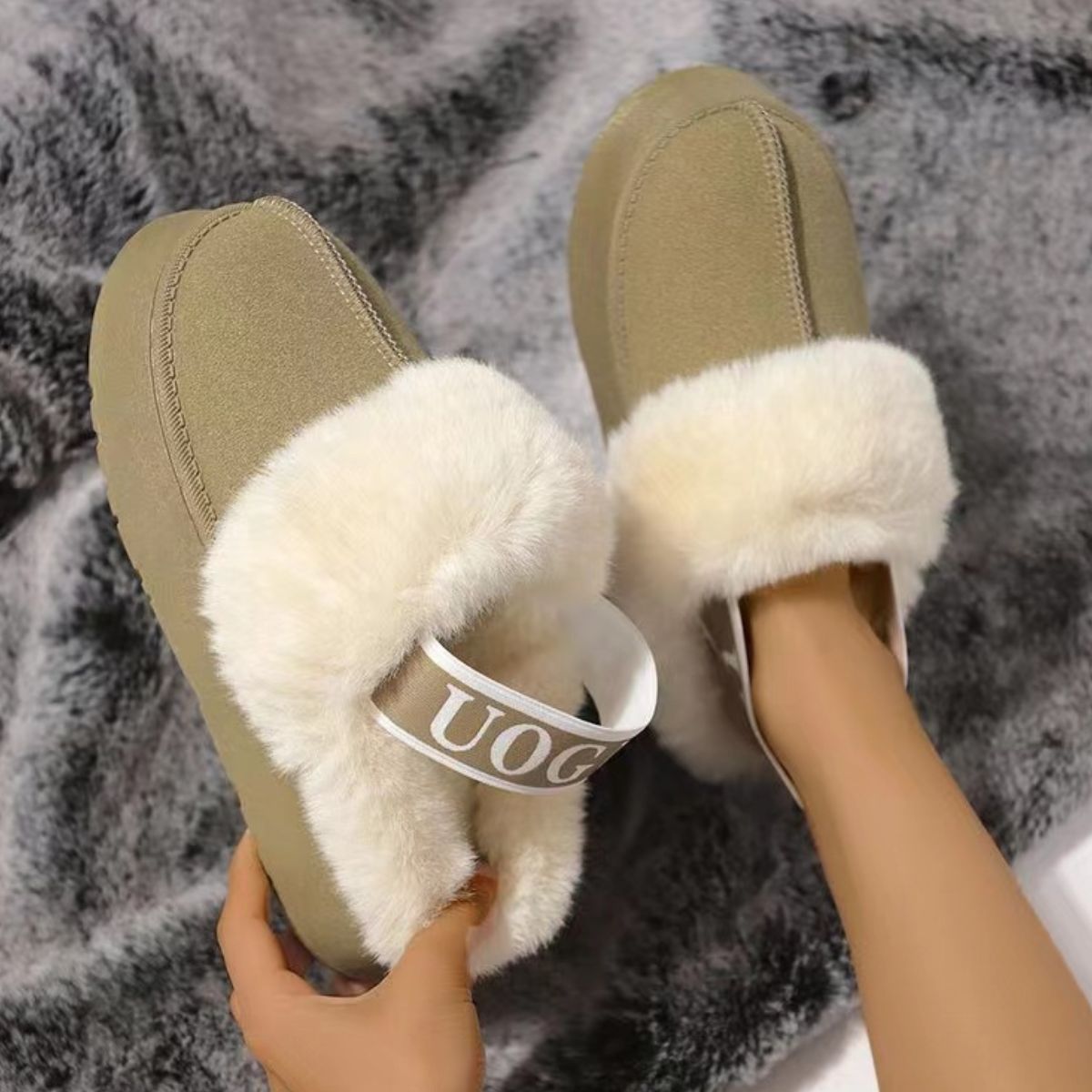 Plush Platform Slippers with Letter Strap - Celeste    