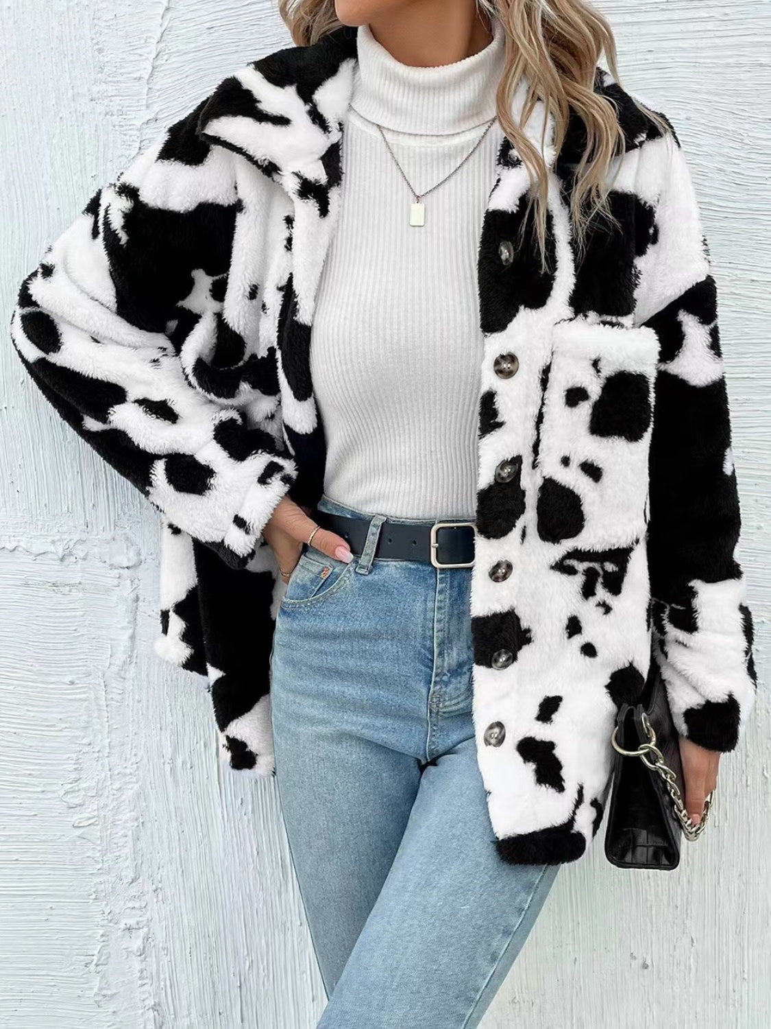 Cow Print Collared Neck Button Up Fuzzy Jacket - Celeste    