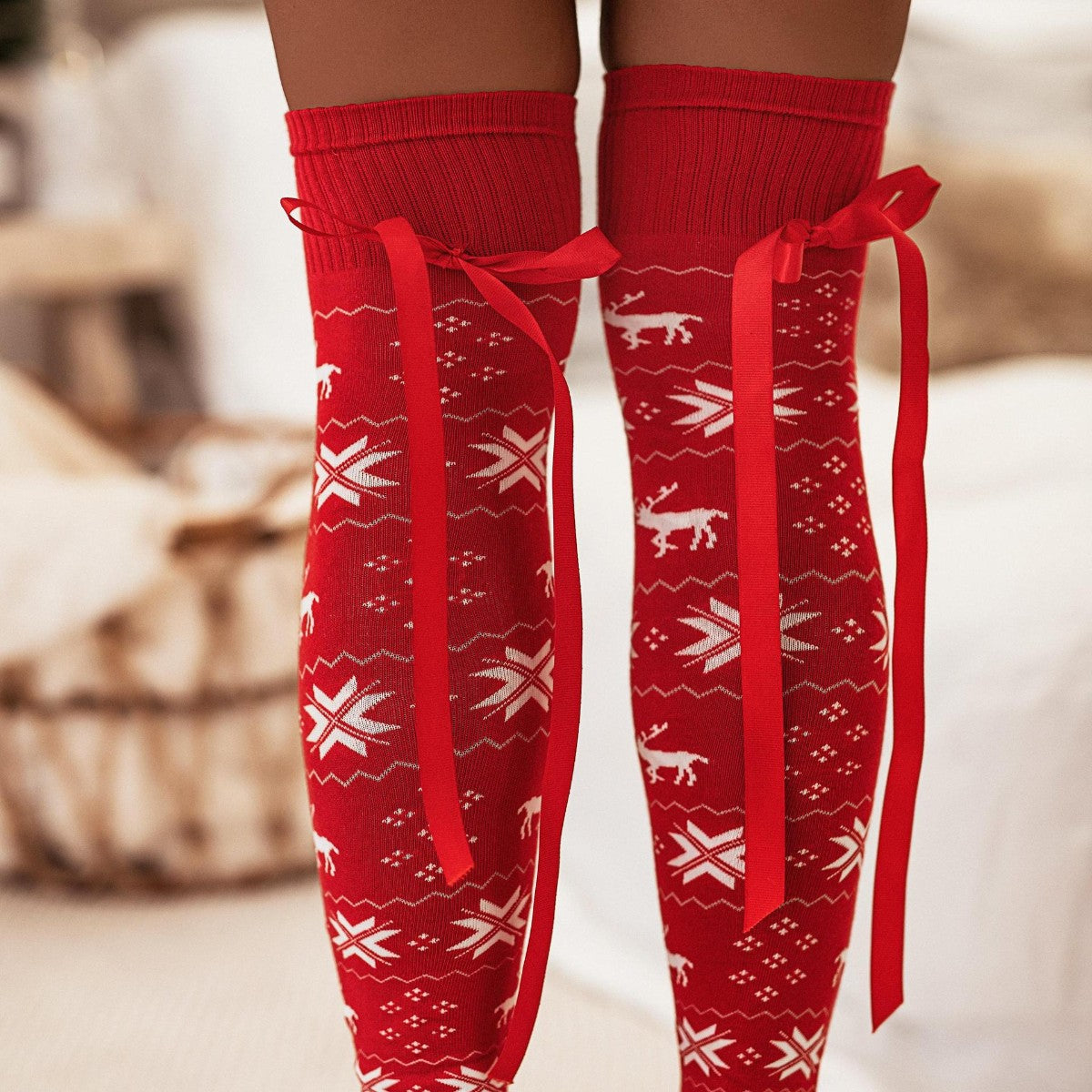 Christmas Element Bowknot Ribbed Trim Over Knee Stockings - Celeste    