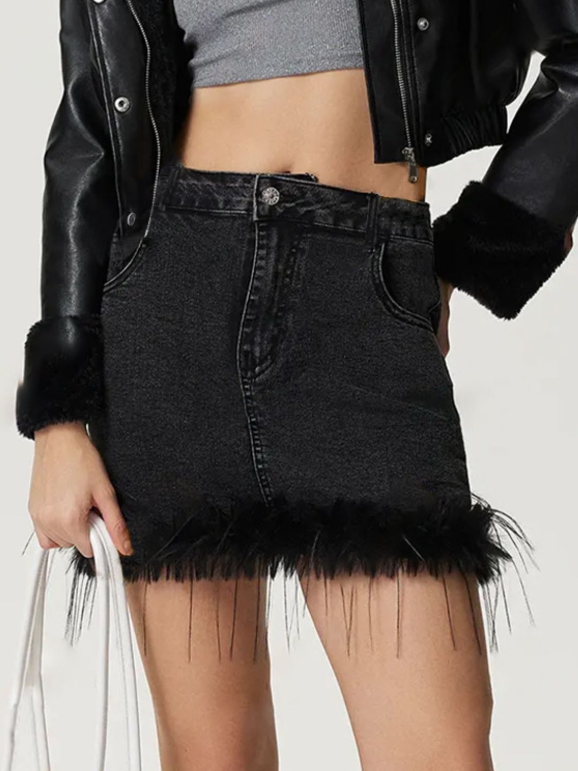 Plush Hem Mini Denim Skirt - Celeste    