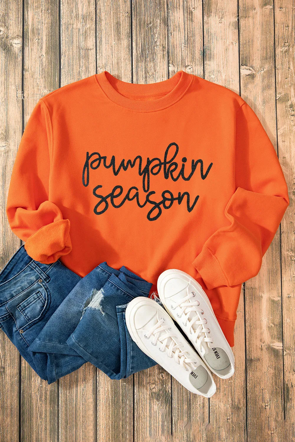 Letter Round Neck Long Sleeve Sweatshirt - Celeste    