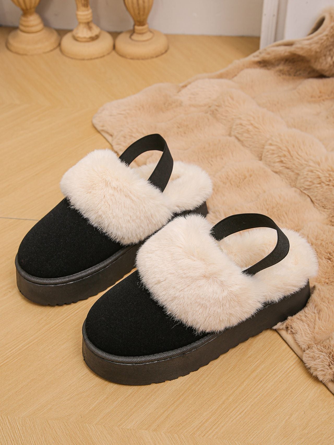 Faux Fur Round Toe Platform Slippers - Celeste    