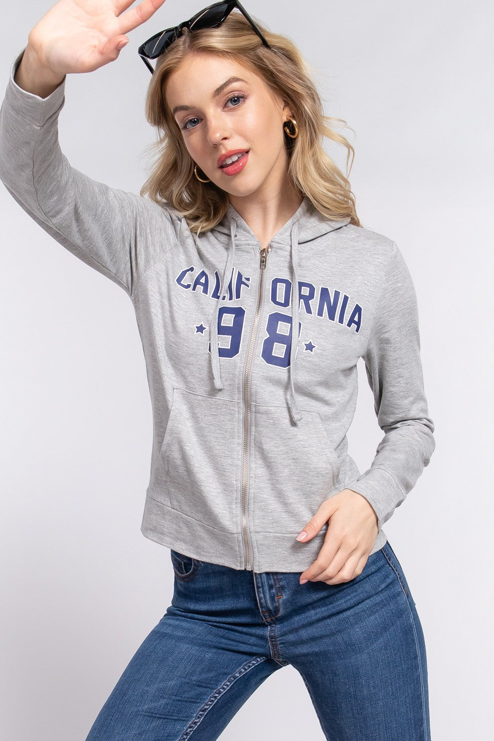 ACTIVE BASIC CALIFORNIA Zip Up Drawstring Long Sleeve Hoodie - Celeste    