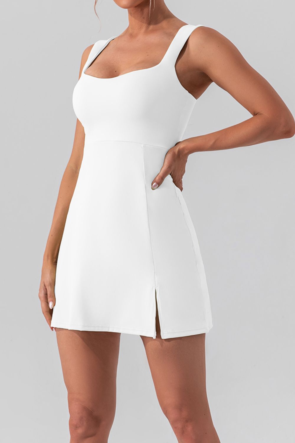 Square Neck Sleeveless Slit Mini Active Dress - Celeste    