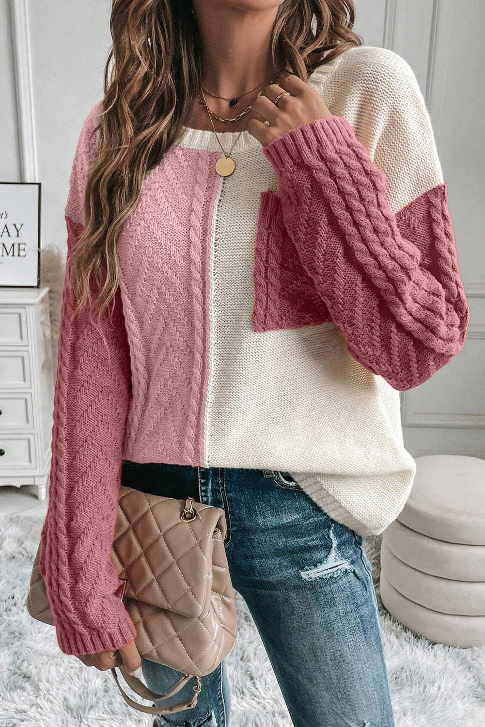 Color Block Round Neck Long Sleeve Sweater - Celeste    