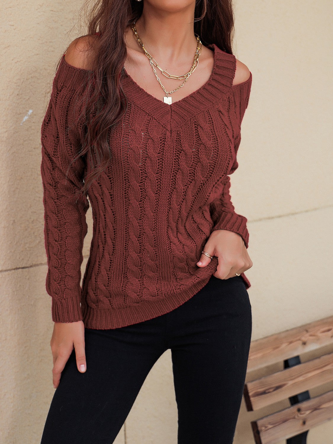 Honey Cable-Knit V-Neck Cold Shoulder Sweater - Celeste    