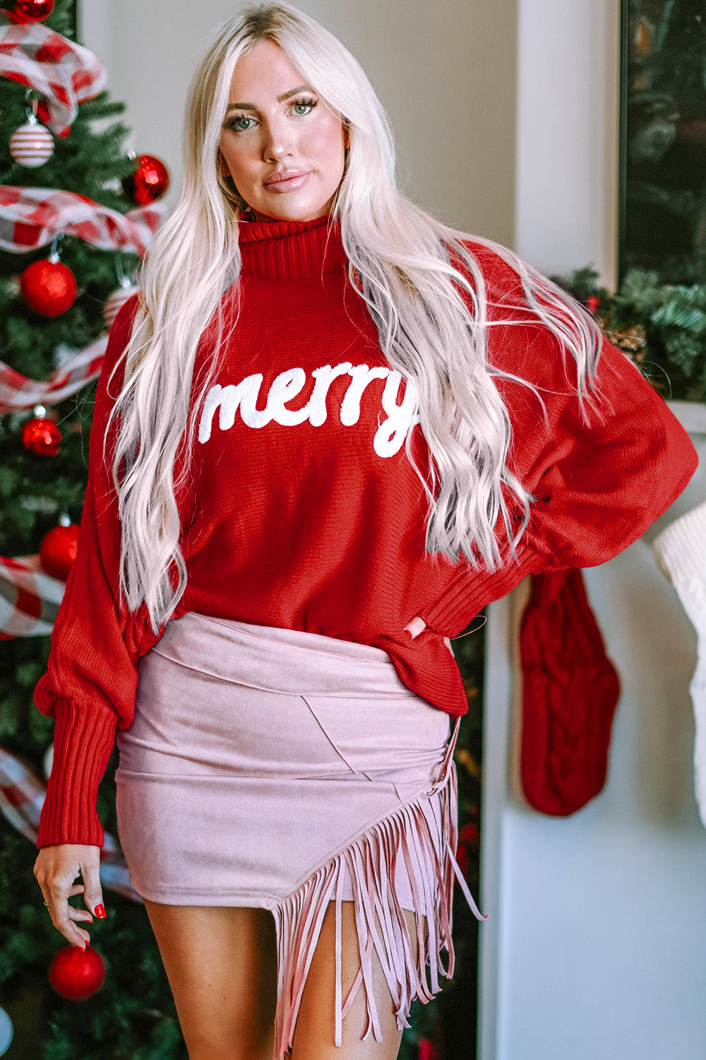 Double Take Full Size Merry Christmas Turtleneck Long Sleeve Sweater - Celeste    