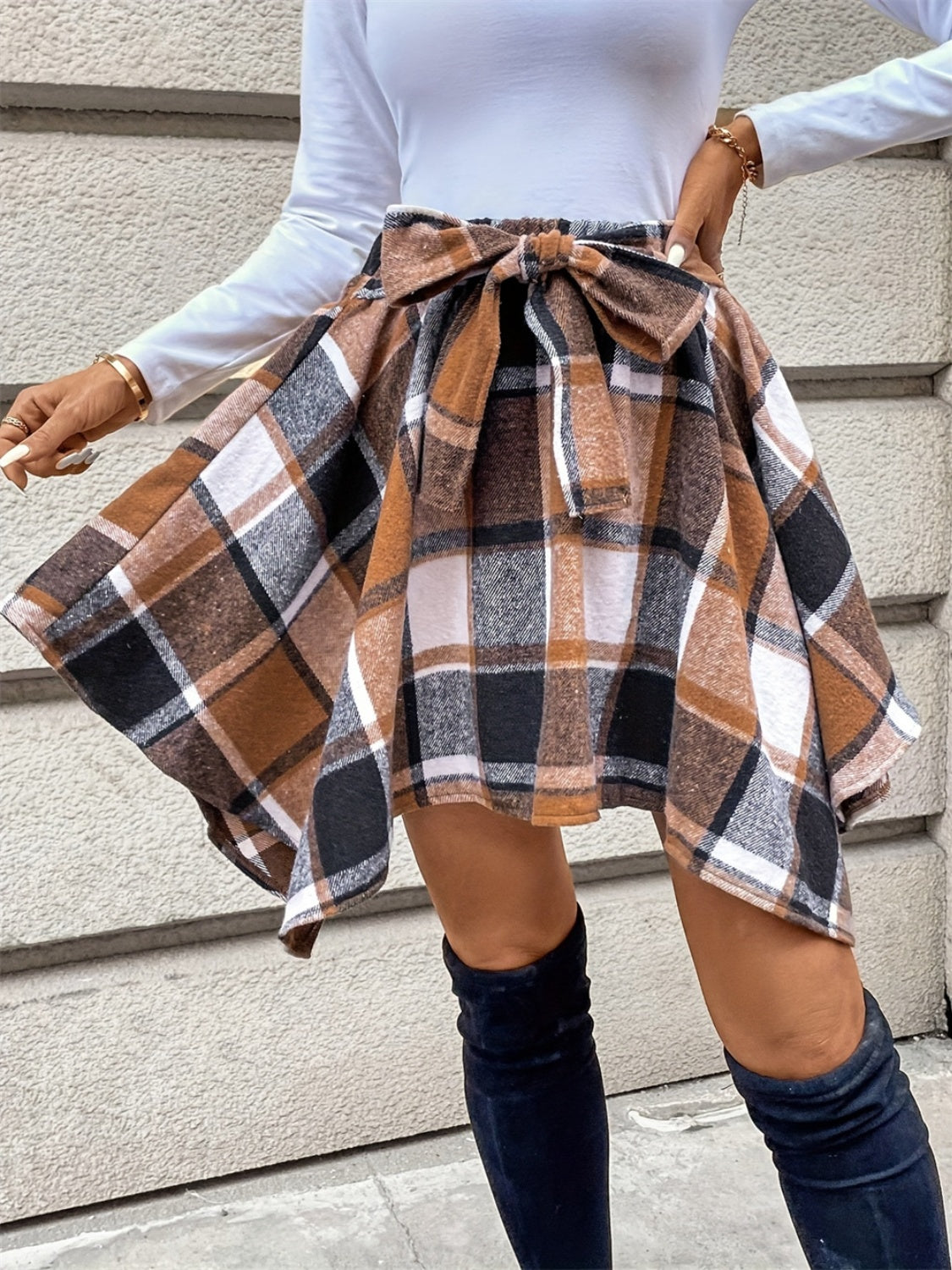 Tied Plaid Asymmetrical Hem Skirt - Celeste    