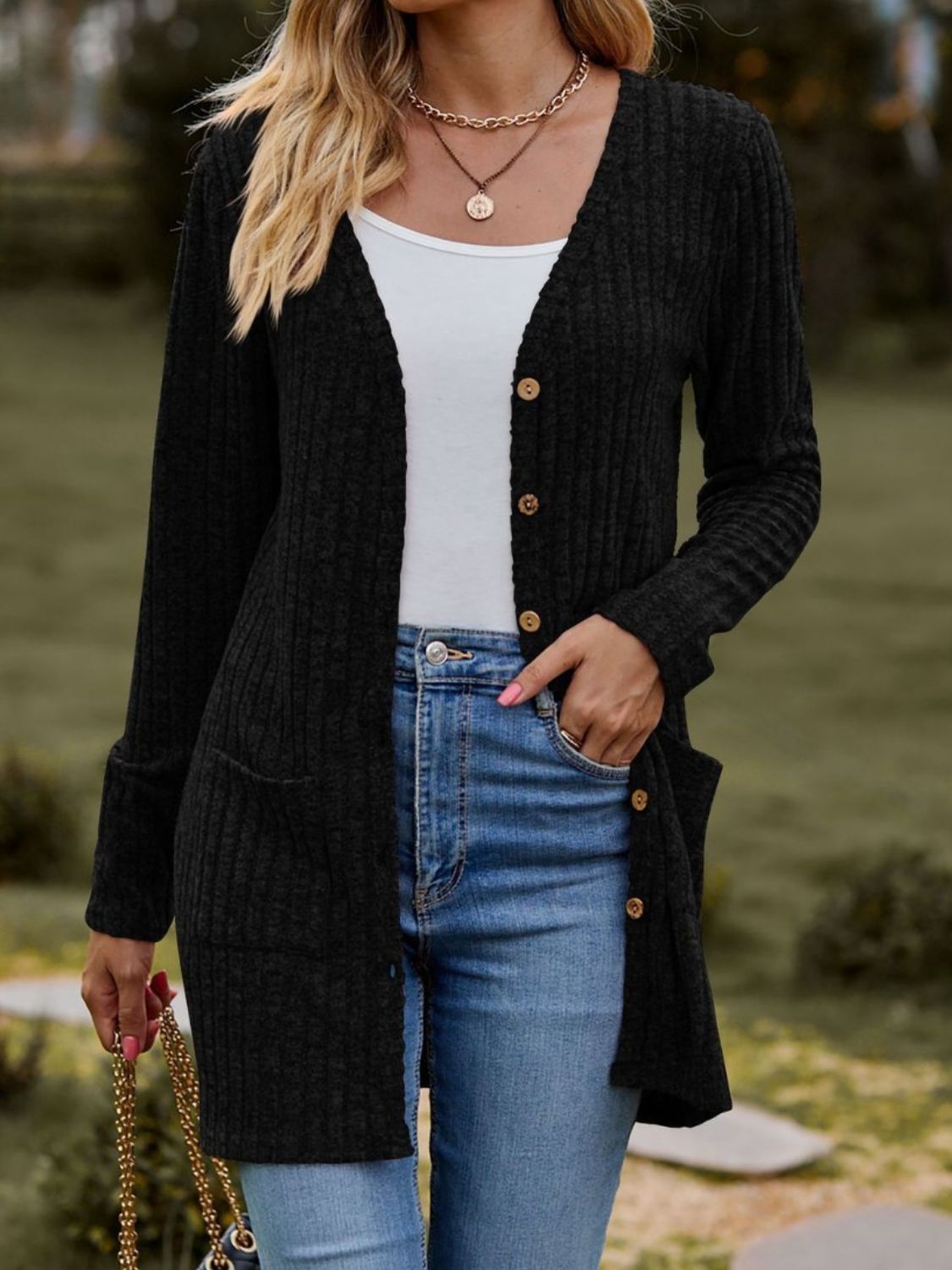 Ribbed Button Up Long Sleeve Cardigan - Celeste    