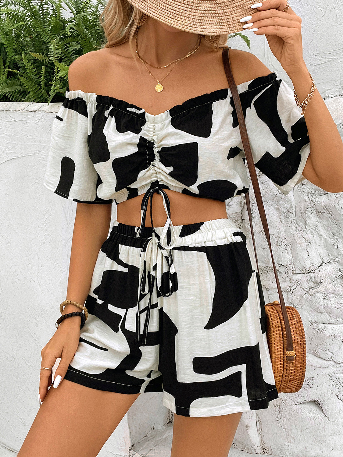 Perfee Drawstring Off-Shoulder Top and Shorts Set