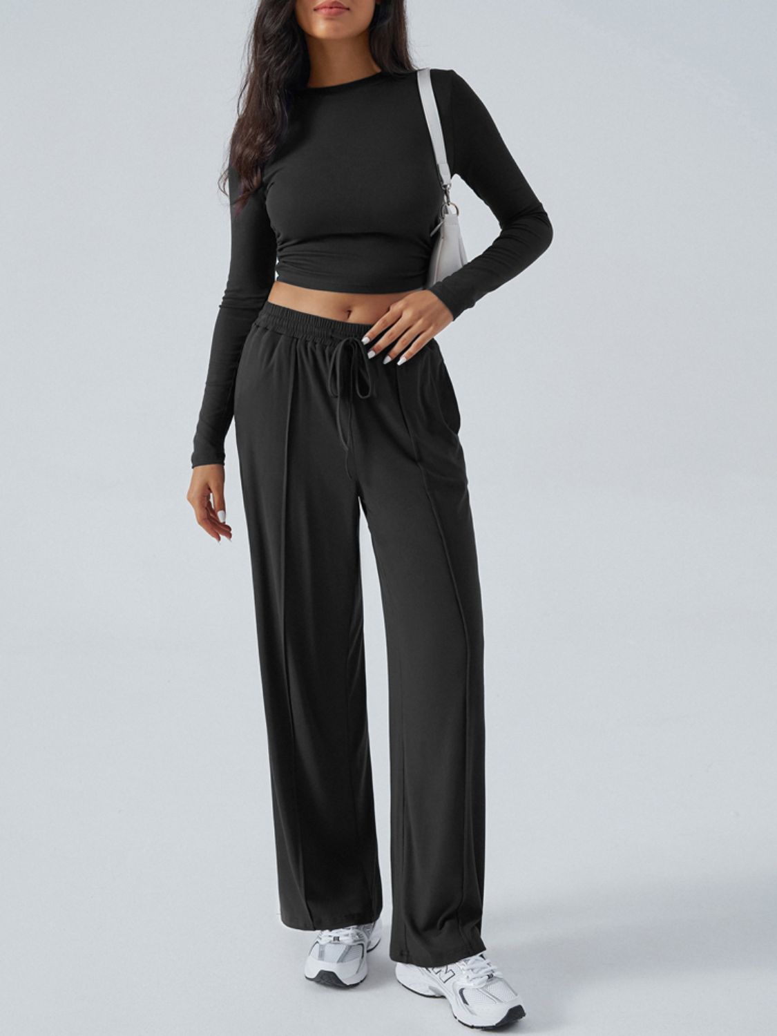 Devine Round Neck Long Sleeve Top and Pants Set - Celeste    