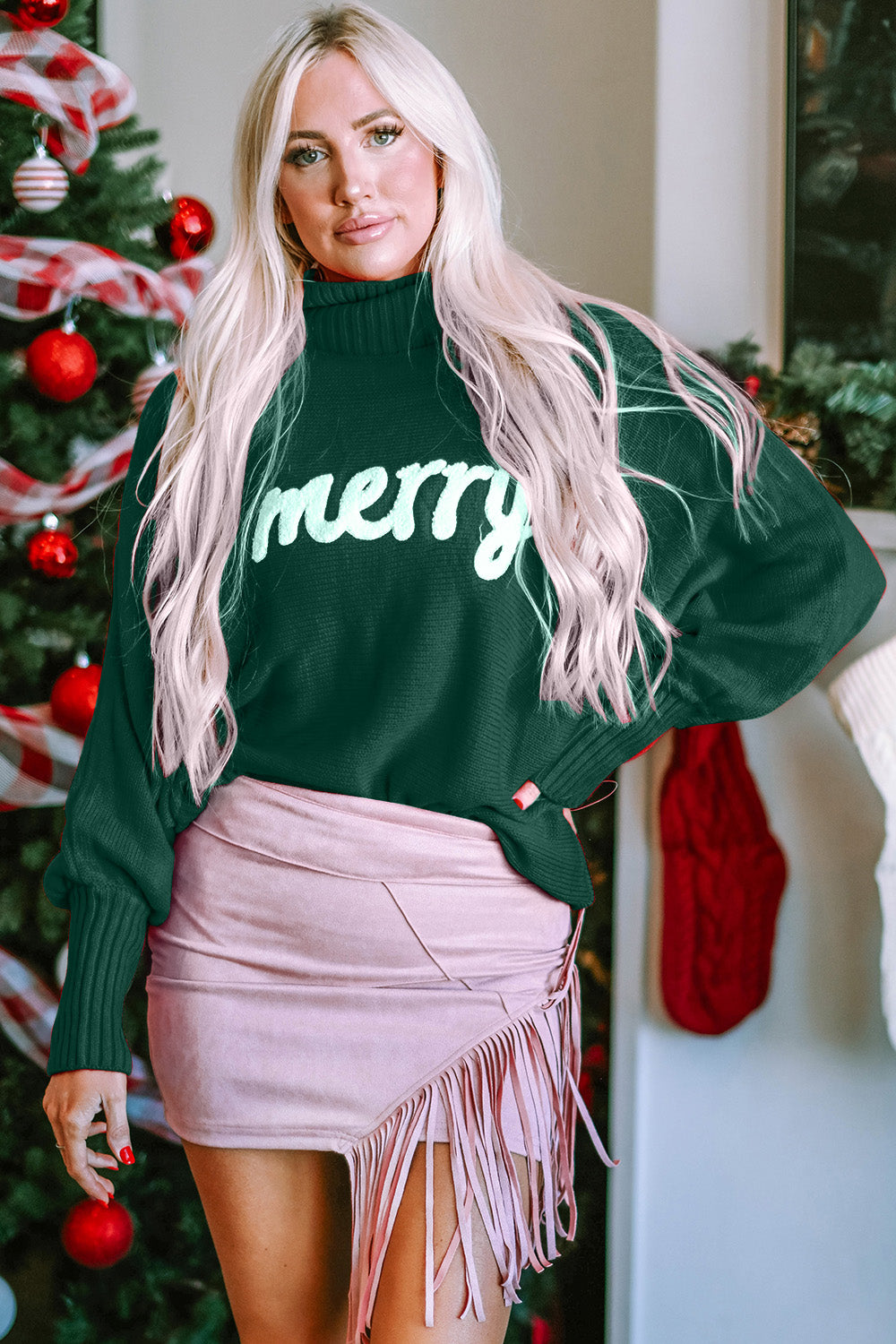 Double Take Full Size Merry Christmas Turtleneck Long Sleeve Sweater - Celeste    