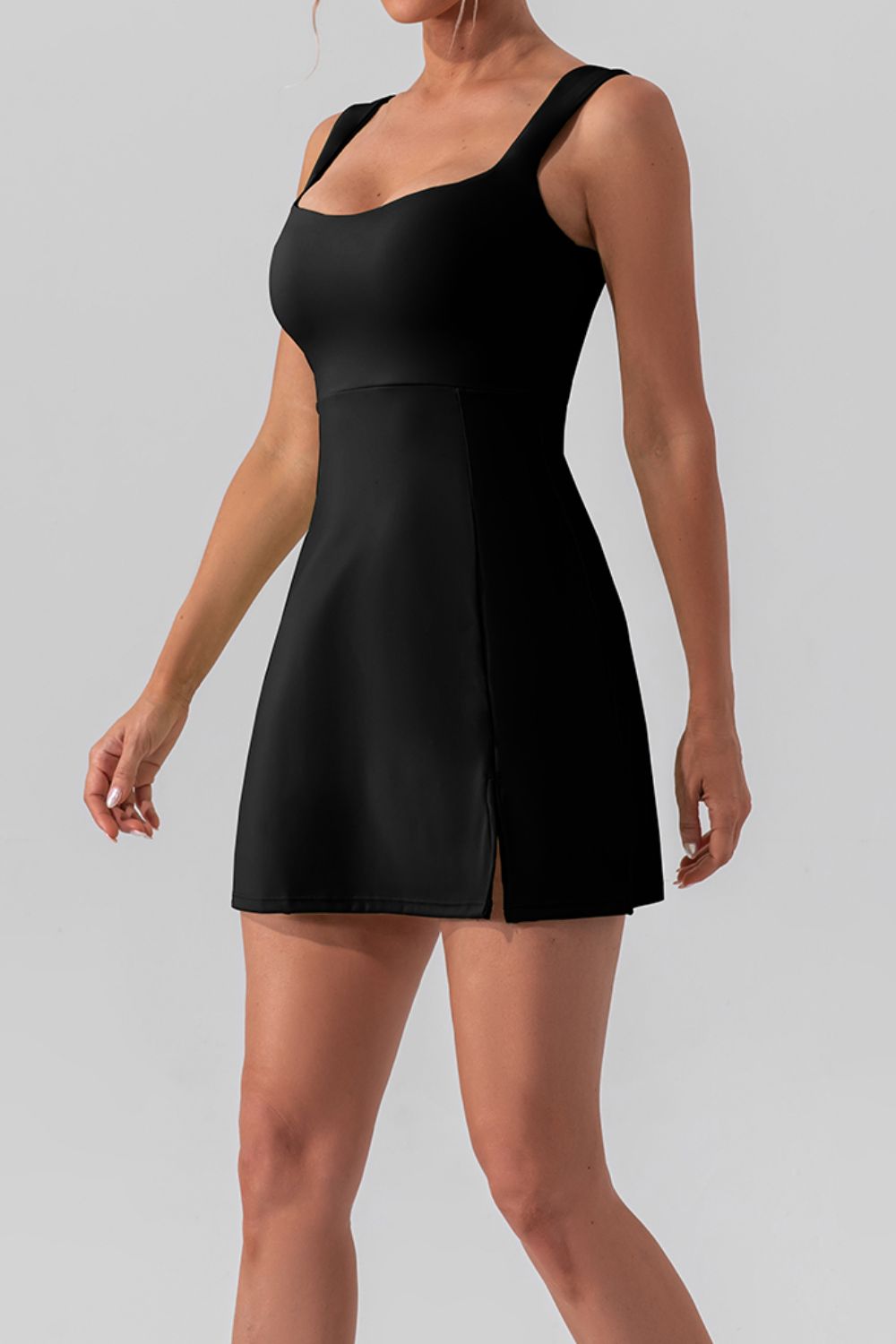 Square Neck Sleeveless Slit Mini Active Dress - Celeste    