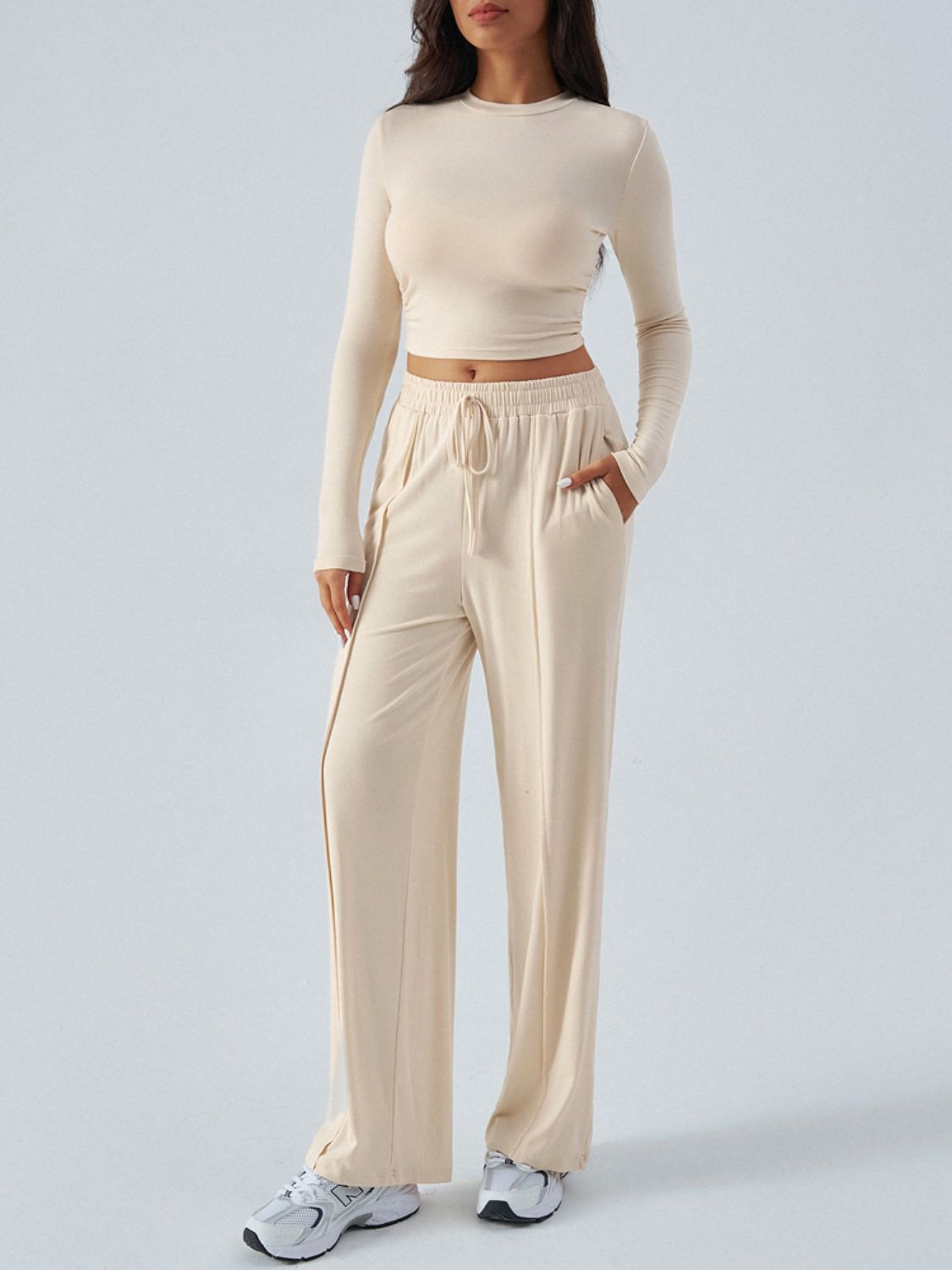 Devine Round Neck Long Sleeve Top and Pants Set - Celeste    