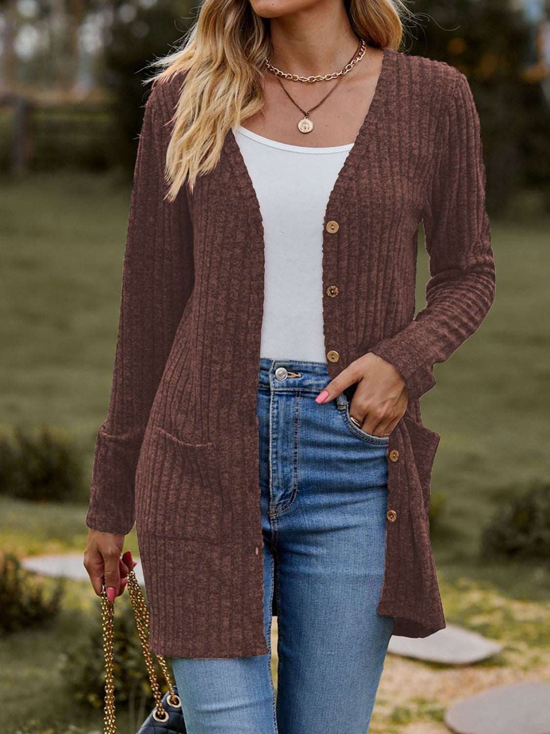 Ribbed Button Up Long Sleeve Cardigan - Celeste    