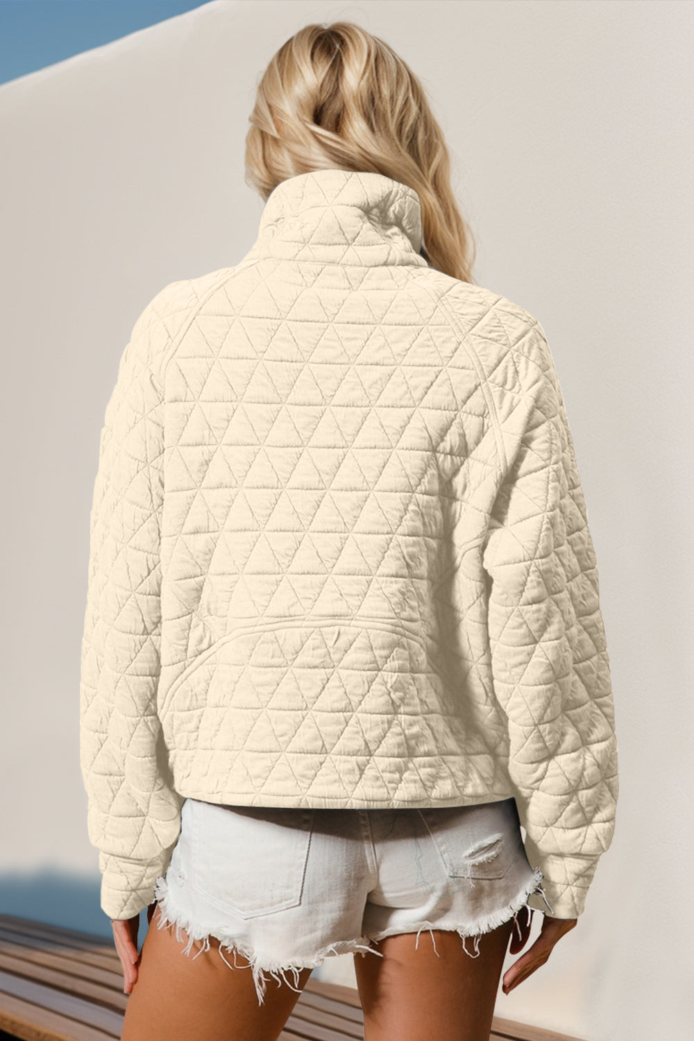 Double Take Half Zip Long Sleeve Quilted Sweatshirt with Pocket - Celeste    