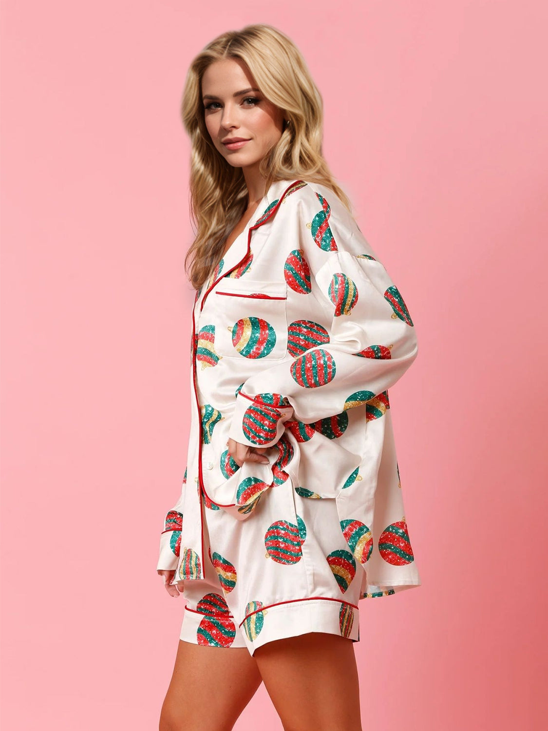 Printed Collared Neck Long Sleeve Top and Shorts Set - Celeste    