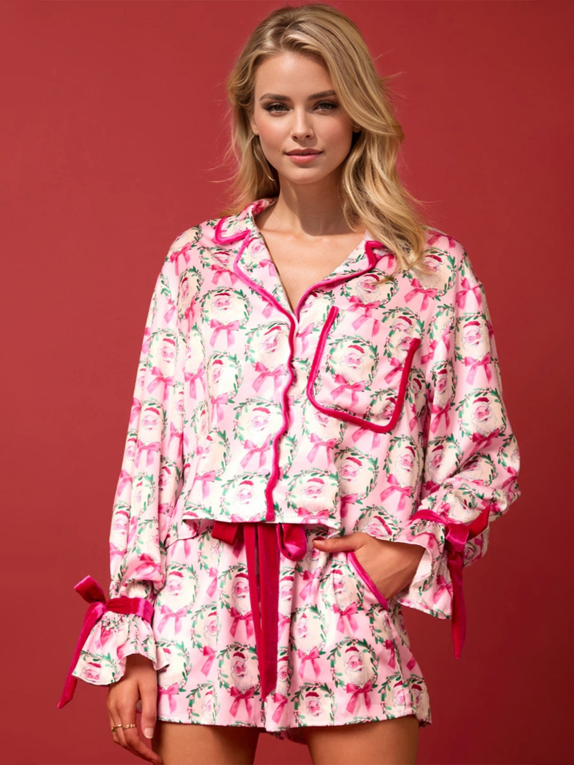 Tied Printed Collared Neck Long Sleeve Top and Shorts Set - Celeste    