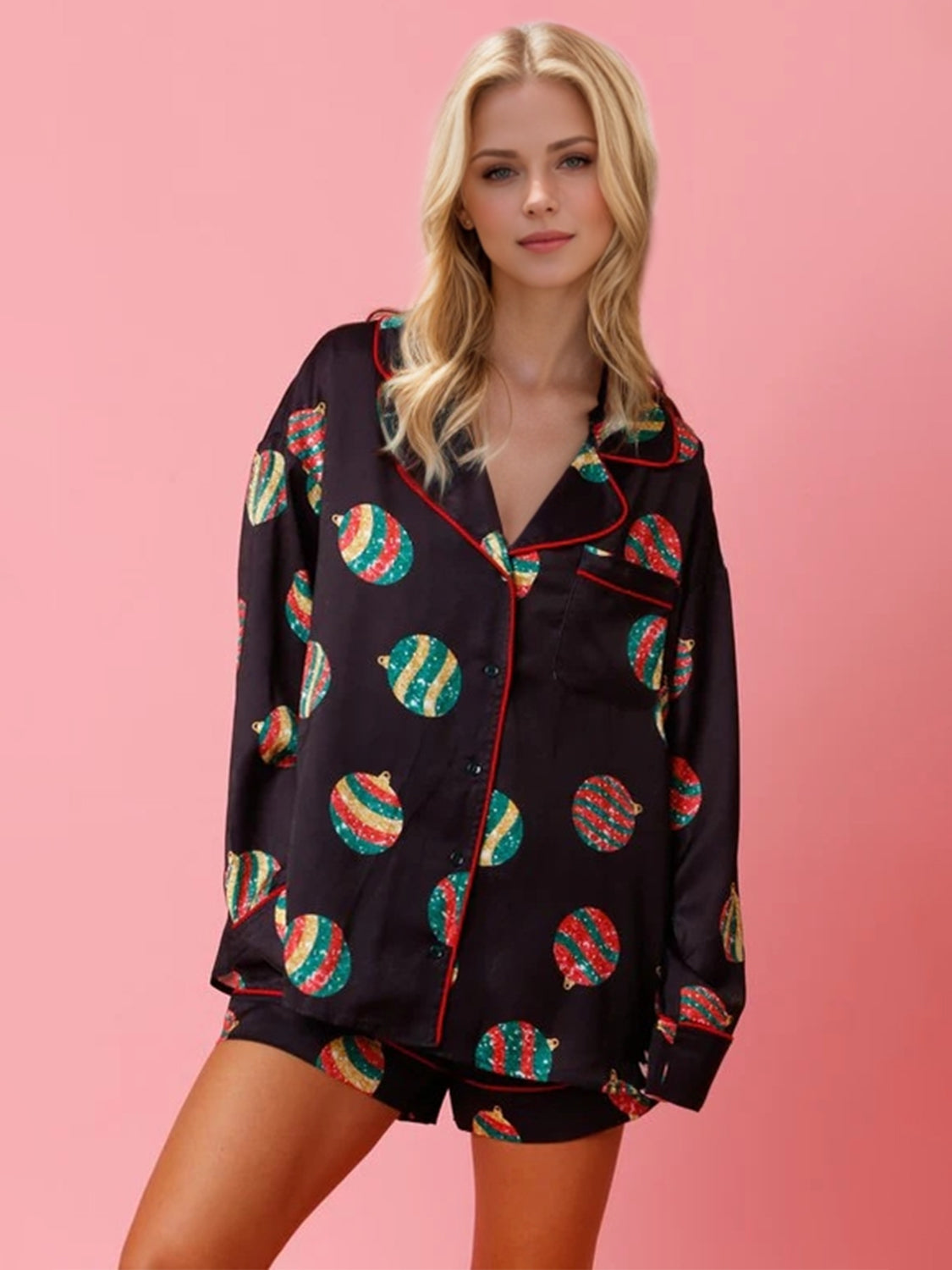 Printed Collared Neck Long Sleeve Top and Shorts Set - Celeste    