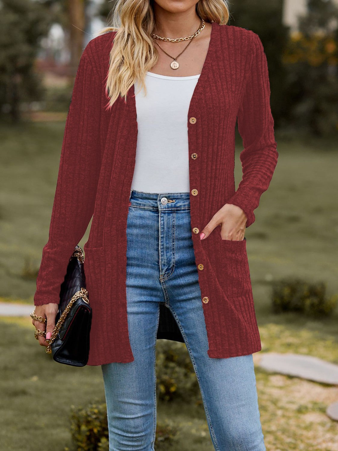 Ribbed Button Up Long Sleeve Cardigan - Celeste    