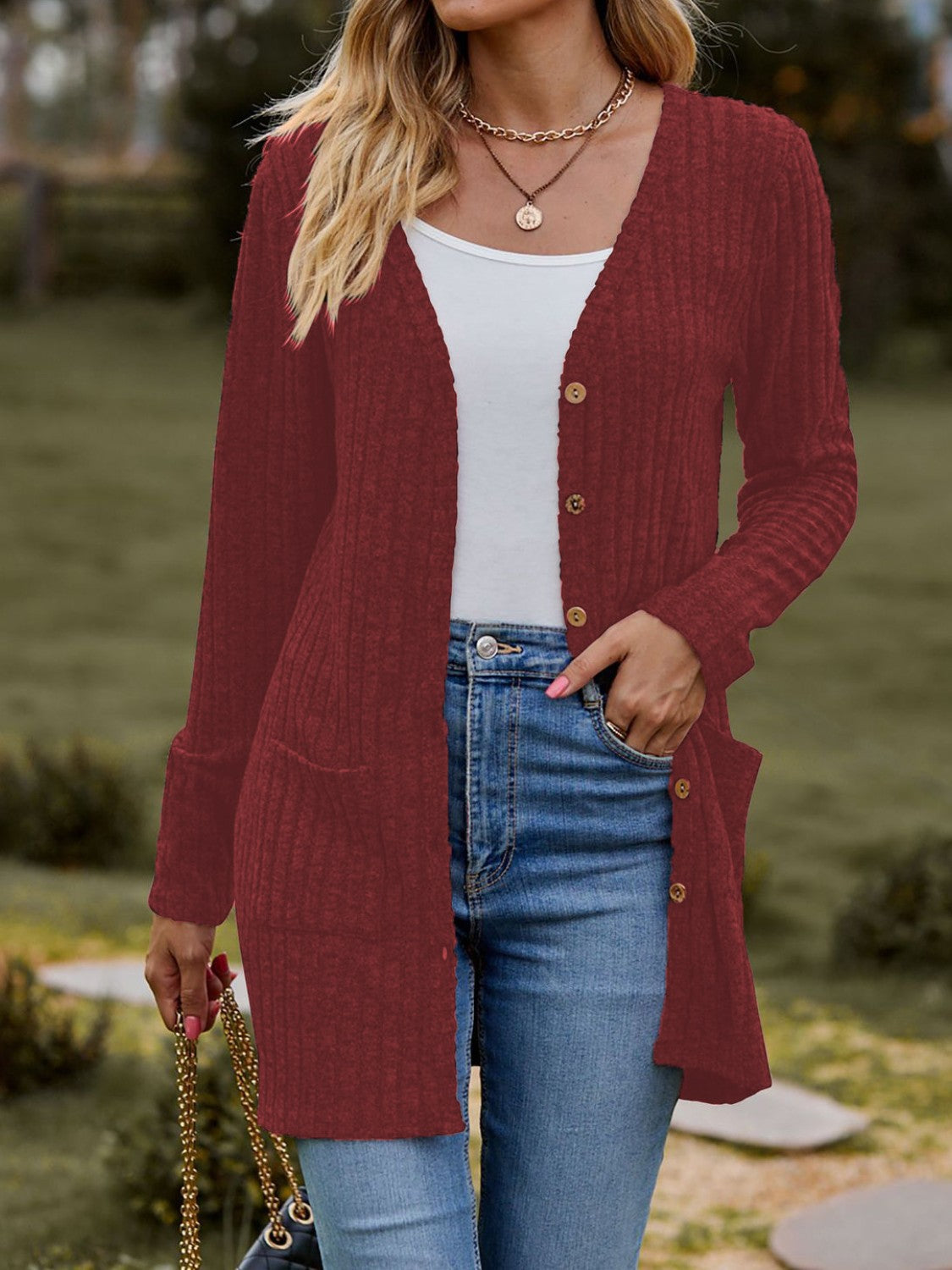 Ribbed Button Up Long Sleeve Cardigan - Celeste    