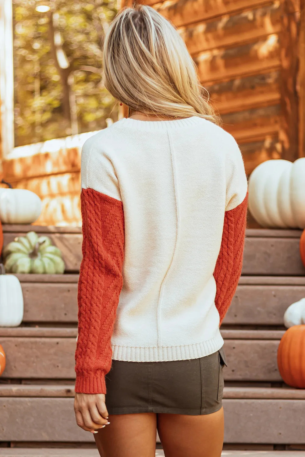 Color Block Round Neck Long Sleeve Sweater - Celeste    