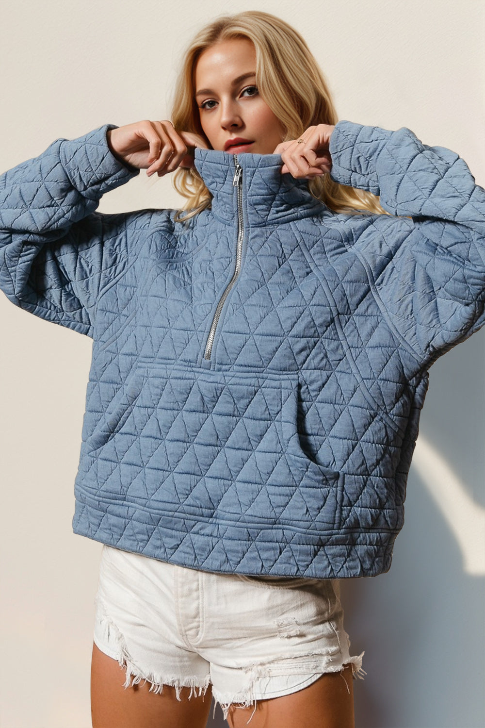 Double Take Half Zip Long Sleeve Quilted Sweatshirt with Pocket - Celeste    