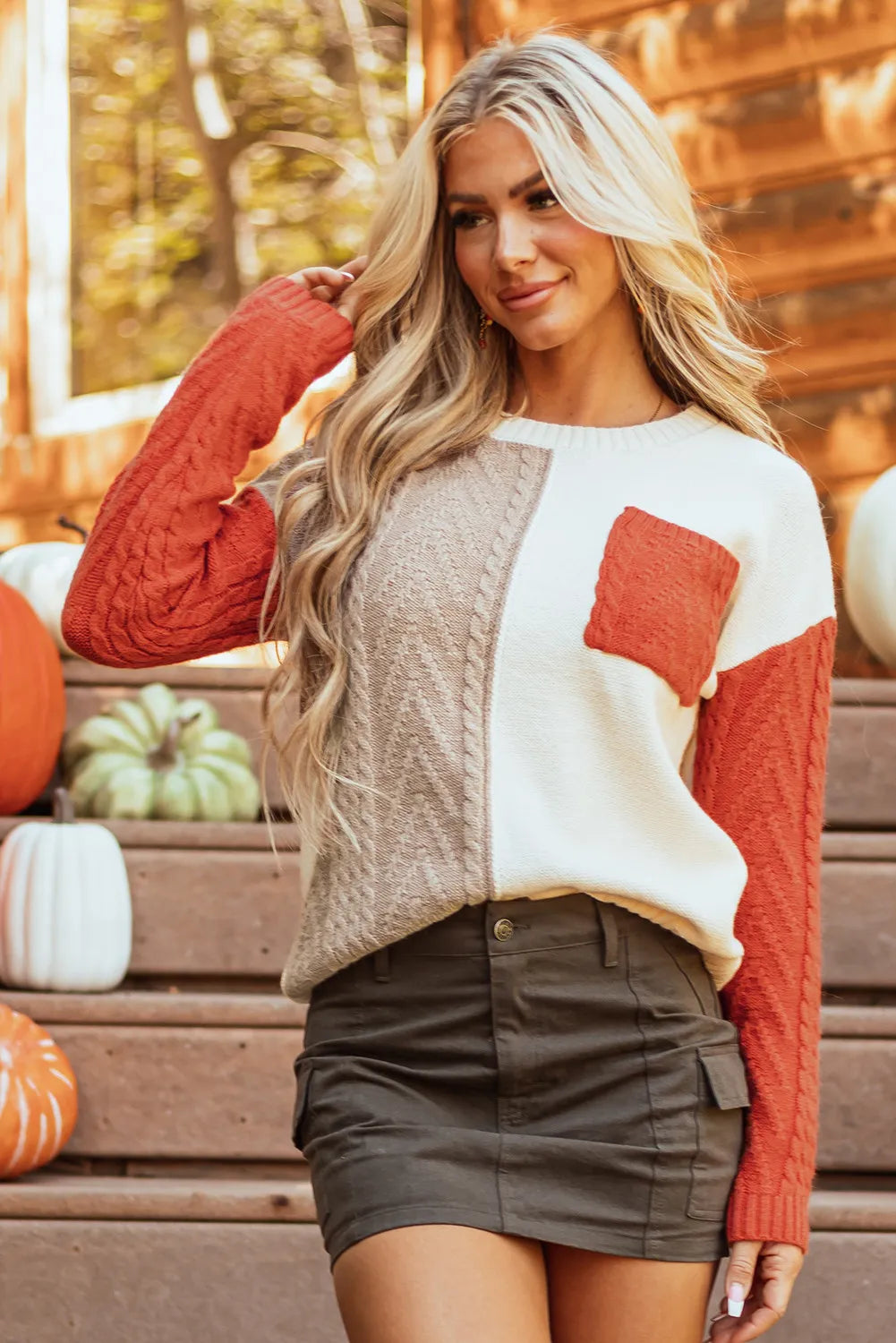 Color Block Round Neck Long Sleeve Sweater - Celeste    