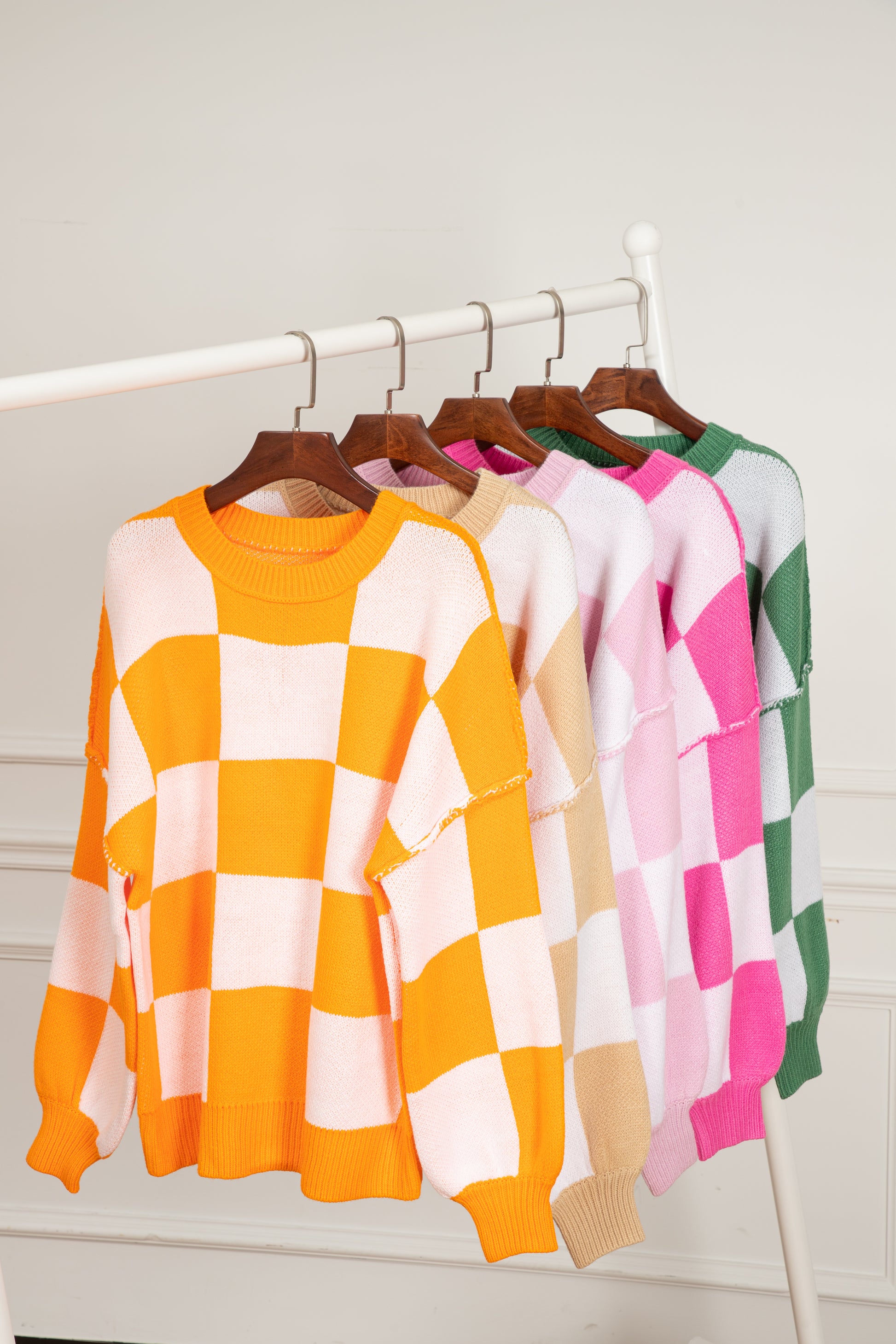 Orange Checkered Bishop Sleeve Sweater - Celeste  Sweaters & Cardigans/Sweaters  