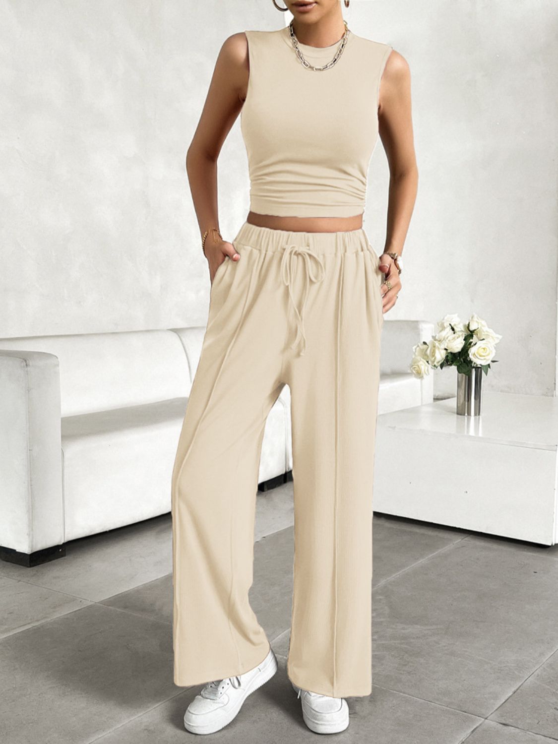 Devine Mock Neck Sleeveless Top and Drawstring Pants Set - Celeste    