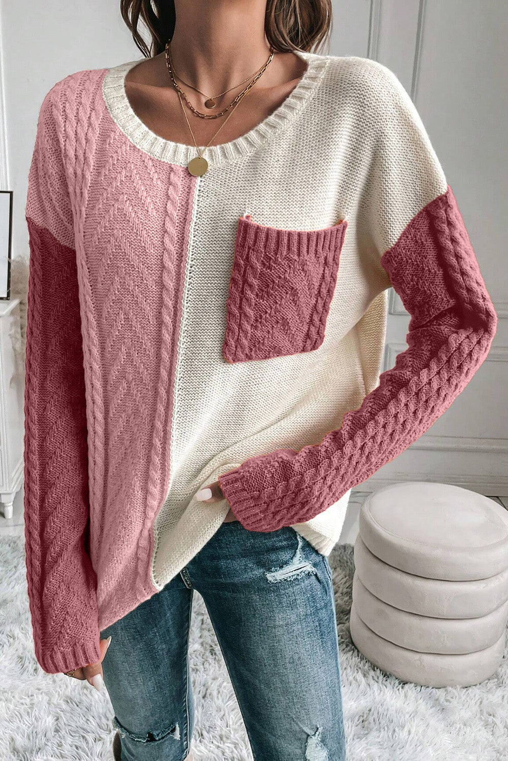 Color Block Round Neck Long Sleeve Sweater - Celeste    