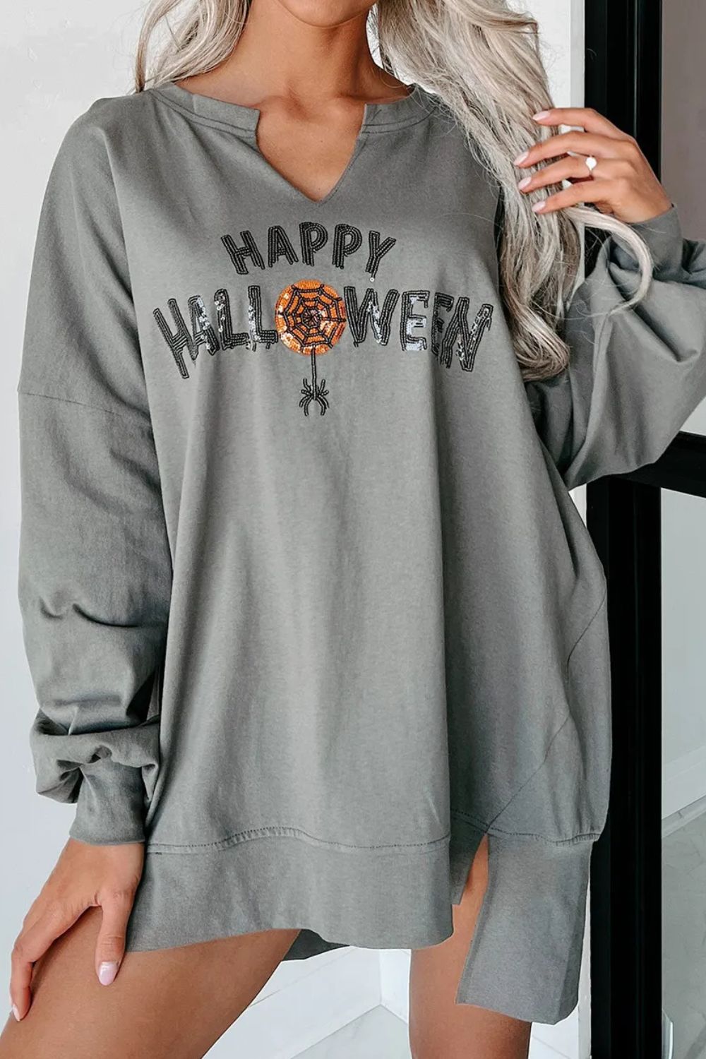 Sequin Letter Graphic Notched Long Sleeve Sweatshirt - Celeste    